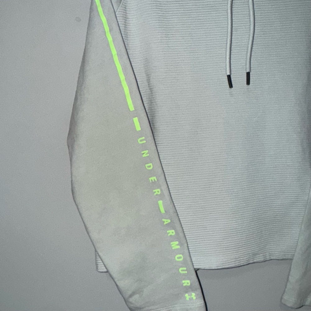 Under Armour Womens XL Loose Ribbed Pullover Hoodie Light Grey Neon Lime Green - Picture 4 of 4